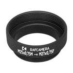 M25x0.75 male to M27x0.75 female thread adapter in black, precision-engineered for microscopes and imaging equipment.